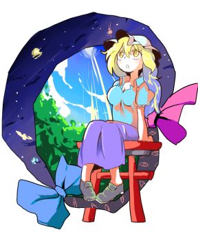Rule 34 | 1girl, blonde hair, blue shirt, breasts, cloud, commentary request, earth (planet), gap (touhou), hat, kneehighs, large breasts, light rays, loafers, maribel hearn, mob cap, moon, moyazou (kitaguni moyashi seizoujo), neo-traditionalism of japan, planet, purple skirt, shirt, shoes, skirt, socks, space, star (sky), torifune (touhou), torii, touhou, tree, yellow eyes