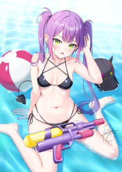1girl ball barefoot beachball bikini black_bikini breasts center-flap_bangs cleavage colored_inner_hair demon_girl demon_tail double-parted_bangs feet gradient_hair green_eyes hat highres hololive legs long_hair looking_at_viewer multi-strapped_bikini_bottom multi-strapped_bikini_top multicolored_hair navel open_mouth pink_hair pointy_ears purple_hair side-tie_bikini_bottom sitting skyrail small_breasts solo stomach swimsuit tail toenails toes tokoyami_towa twintails unworn_hat unworn_headwear virtual_youtuber water_gun