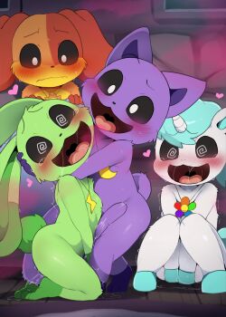 2boys 2girls :d animal_ears blush body_fur catnap_(poppy_playtime) closed_mouth commentary completely_nude dagasi dogday_(poppy_playtime) english_commentary furry furry_female green_fur highres hoppy_hopscotch horns loli multiple_boys multiple_girls nude open_mouth orange_fur poppy_playtime purple_fur pussy_juice shota single_horn sitting smile tail tears two-tone_fur white_fur yellow_fur