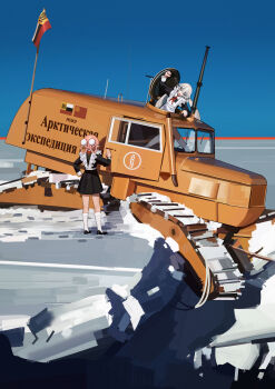 1girl 2girls ankle_socks blue_sky double_bun dress frilled_dress frills hair_bun highres kiriyaukiyoe long_hair multiple_girls original pink_hair russian_soviet_federative_socialist_republic_flag school_uniform shoes sky snow socks soviet soviet_school_uniform vehicle_request very_long_hair white_hair