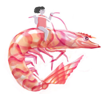 Rule 34 | 1girl, black hair, closed eyes, commentary request, dress, full body, nuq, original, red dress, red shoes, riding, riding animal, shoes, short hair, shrimp, simple background, solo, white background