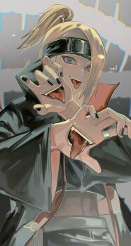 Rule 34 | 1017gomo9, 1boy, :p, akatsuki uniform, asymmetrical bangs, black nails, blonde hair, blue eyes, bug, centipede, crop top, deidara (naruto), extra mouth, eyeliner, fang, fishnets, forehead protector, high ponytail, highres, jewelry, looking at viewer, makeup, naruto (series), naruto shippuuden, open clothes, open mouth, open robe, ponytail, ring, robe, solo, tongue, tongue out
