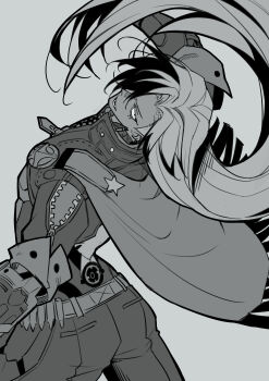 1boy absurdres belt boothill_(honkai:_star_rail) cape collared_jacket cropped_jacket floating_hair grey_background greyscale hair_over_one_eye highres honkai:_star_rail honkai_(series) jacket long_hair looking_at_viewer male_focus monochrome mrsw0911 one_eye_covered open_mouth pants shell_casing sheriff_badge simple_background sleeve_cuffs smile solo very_long_hair