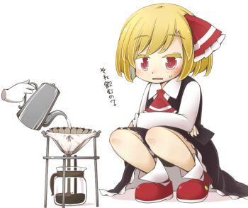 1girl ascot black_skirt black_vest blonde_hair blush bow bow_panties coffee coffee_pot dress frilled_dress frills gloves hair_bow hair_ribbon jagabutter kneeling mary_janes out_of_frame panties pouring red_ascot red_bow red_eyes red_footwear ribbon rumia shirt shoes short_hair simple_background skirt squatting sweatdrop touhou underwear vest white_background white_gloves white_panties white_shirt