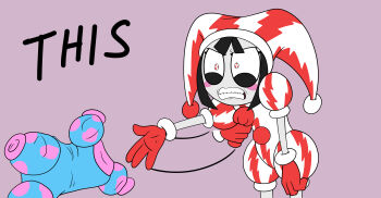 1girl absurdres angry annoyed black_hair blunt_bangs blush_stickers clenched_teeth clothes_grab constricted_pupils desperation english_text eye_twitch frown gloves grimace hat hat_bell highres hm_artist hunched_over jester jester_cap motion_lines multicolored_eyes multicolored_hat pom_pom_(clothes) pomni_(the_amazing_digital_circus) puffy_short_sleeves puffy_sleeves red_eyes red_gloves red_hat short_sleeves solo striped teeth the_amazing_digital_circus two-tone_eyes two-tone_sash undressing unworn_clothes zig-zag_pattern