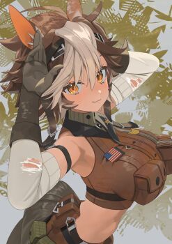 1girl absurdres american_flag animal_ears arms_up bare_shoulders black_gloves breasts brown_hair character_name closed_mouth commentary commission crop_top from_side gloves heart highres horse_ears horse_tail koyo2023 large_breasts layered_gloves looking_to_the_side multicolored_hair orange_eyes pouch rabbit_pose second-party_source short_hair skeb_commission smile solo star_(symbol) star_in_eye streaked_hair symbol_in_eye tail thank_you tomoe_umari torn_clothes torn_gloves upper_body v-dere virtual_youtuber white_hair