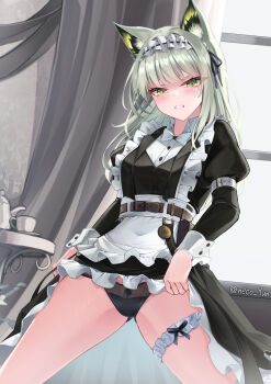 1girl angry animal_ears apron arknights black_dress black_panties blush breasts cat_ears cat_girl clenched_teeth clothes_lift dress dress_lift embarrassed fang frilled_dress frilled_thigh_strap frills green_eyes green_hair half-closed_eyes highres indoors kal&#039;tsit_(arknights) kal&#039;tsit_(the_remains_of_time)_(arknights) lifting_own_clothes long_hair looking_at_viewer maid_apron maid_headdress medium_breasts panties solo spread_legs teeth thigh_strap thighs underwear white_apron yeosi