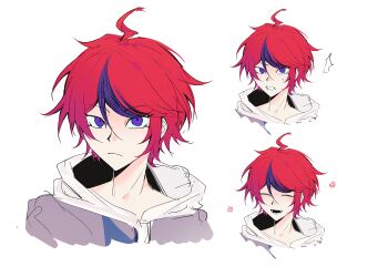 1boy ^^^ ^_^ ahoge blue_eyes blue_hair closed_eyes closed_mouth drawstring expressionless grey_jacket hair_between_eyes happy happy_aura highres hood hood_down hoodie jacket jacket_over_hoodie male_focus multicolored_hair multiple_expressions multiple_views open_clothes open_jacket open_mouth red_hair sangyuebushisangri sanpaku short_hair smile streaked_hair sumino_takumi surprised the_hundred_line_-last_defense_academy- two-tone_hair white_hoodie