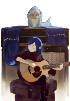 1girl absurdly_long_hair absurdres acoustic_guitar amplifier black_boots black_eyes black_pantyhose blue_hair boots brown_sweater closed_eyes closed_mouth commentary company_name english_commentary facing_to_the_side guantanima_ii_(shadches72) guitar highres holding holding_instrument instrument light_smile long_hair long_sleeves looking_at_viewer monasterio_(shadches72) mouth_hold music original pantyhose playing_instrument shadches72 shark sharp_teeth sitting_on_suitcase suitcase sweater tambourine teeth very_long_hair white_background