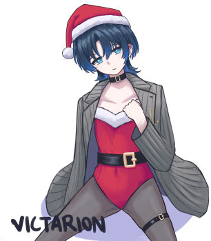 Rule 34 | 1girl, absurdres, artist name, belt, black belt, black hair, black pantyhose, blue eyes, blue hair, closed mouth, collar, earclip, fur-trimmed leotard, fur trim, grey jacket, highres, hiodoshi ao, hololive, hololive dev is, jacket, leotard, medium hair, pantyhose, pinstripe jacket, pinstripe pattern, red leotard, santa leotard, simple background, solo, suit jacket, thigh strap, victarionsc, virtual youtuber, white background, wolf cut