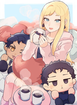 1girl :d alternate_costume black_shirt blonde_hair blue_eyes blue_jacket border character_doll cup doll earrings food fur_jacket gigi_andalusia gundam gundam_hathaway's_flash hathaway_noa heart heart-shaped_pillow highres holding holding_cup hood hood_down hooded_jacket hot_chocolate jacket jewelry kenneth_sleg legs_together long_hair long_sleeves looking_at_viewer marshmallow mug nail_polish open_clothes open_jacket open_mouth outside_border pillow pink_jacket red_nails shirt shiwaza_(qiduizi) sidelocks sitting smile solo steam stuffed_toy tray white_border