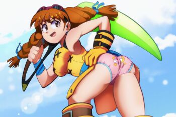 1girl aika_(eternal_arcadia) ass bent_over blue_trimmed_panties braid eternal_arcadia euf-dreamer orange_hair panties pink_panties print_panties sega trimmed_panties twin_braids underwear