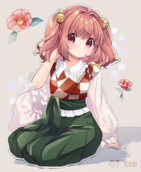 1girl arm_up artist_name bell brown_eyes brown_hair checkered_clothes checkered_kimono flower green_hakama green_skirt hair_bell hair_ornament hakama hakama_skirt hand_in_own_hair japanese_clothes jingle_bell kimono long_hair looking_at_viewer motoori_kosuzu see-through_clothes see-through_sleeves sen1986 sitting skirt solo touhou two_side_up watermark white_sleeves