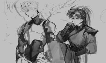 1boy 1girl absurdres armor bags_under_eyes breastplate crown greyscale hand_on_own_chin hand_on_own_hip head_rest height_difference high_ponytail highres knee_up logicsterrr looking_at_viewer looking_to_the_side low_ponytail monochrome nephis_(shadow_slave) ponytail robe shadow_slave shoulder_armor sunny_(shadow_slave) upper_body