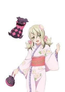 Rule 34 | 1girl, artist request, bag, blonde hair, clenched hand, cowboy shot, creature, doll, elize lutus, elize lutus (yukata), floral print, floral print kimono, game cg, green eyes, holding, holding bag, japanese clothes, kimono, looking at viewer, medium hair, official alternate costume, official art, open mouth, pink ribbon, print kimono, ribbon, smile, solo, standing, tales of (series), tales of asteria, tales of xillia, teepo (tales), third-party source, transparent background, white kimono, yukata