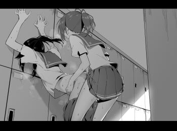 2girls 3d6eda against_locker arms_up bent_over black_hair blush clothed_sex clothes_pull commentary futa_with_female futanari getabako greyscale hands_on_another's_waist heavy_breathing hibike!_euphonium implied_futanari indoors kasaki_nozomi kitauji_high_school_uniform letterboxed liz_to_aoi_tori monochrome multiple_girls nakagawa_natsuki pleated_skirt ponytail protected_link sailor_collar school_uniform serafuku sex sex_from_behind short_sleeves skirt skirt_pull standing standing_sex sunlight sweat