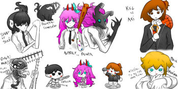 aubrey_(omori) ball bandaid baseball_bat basil_(omori) basketball_(object) black_hair blonde_hair blue_eyes blush brown_hair chainsaw chainsaw_devil chainsaw_man character_counter_request chibi crossover formal_clothes hands_up hayakawa_aki horns kel_(omori) long_hair long_sleeves medium_hair monster nervous_sweating omori omori_(omori) pink_hair pochita_(chainsaw_man) power_(blood_devil)_(chainsaw_man) power_(chainsaw_man) ribbon self-upload short_hair something_(omori) suit sweat text_focus transformation upper_body weapon