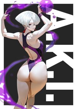 a.k.i._(street_fighter) absurdres arms_up ass back_cutout black_background border character_name clothing_cutout commentary_request earrings feet_out_of_frame from_behind grin highres huge_ass jewelry lips looking_at_viewer looking_back mole mole_under_mouth nail_polish one-piece_swimsuit outside_border pale_skin parted_bangs poison purple_nails red_eyes simple_background smile street_fighter street_fighter_6 swimsuit tassel tassel_earrings toned toned_female white_border white_hair yagi_(joe731842)