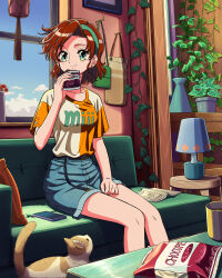 Rule 34 | 1girl, absurdres, bag, belt, blue shorts, brown hair, cat, cellphone, chocolate, coffee table, commentary request, couch, cup, day, denim, denim shorts, earrings, eating, feet out of frame, flower, food, green eyes, hairband, highres, indoors, jewelry, lamp, living room, looking at viewer, medium hair, miyu (miyu nagata 7), original, phone, pillow, plant, potted plant, retro artstyle, shirt, short shorts, short sleeves, shorts, sitting, smartphone, smile, snack, solo, t-shirt, table, translation request, vase, window