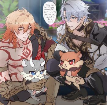 2boys abs antenna_hair armlet armor armored_boots black_boots black_choker black_coat black_pants black_shirt blonde_hair blue_eyes boots braid chimera_(honkai:_star_rail) choker clawed_gauntlets coat commentary creature english_commentary gradient_hair holding holding_creature honkai:_star_rail honkai_(series) jewelry male_focus medium_hair mirshumanji multicolored_hair multiple_boys mydei_(fig_stew)_(honkai:_star_rail) mydei_(honkai:_star_rail) neck_tattoo open_clothes open_coat pants parted_bangs pauldrons phainon_(honkai:_star_rail) phainon_(vigethos)_(honkai:_star_rail) red_hair shirt short_hair shoulder_armor side_braid single_pauldron sun_symbol sun_tattoo tan tattoo toned toned_male white_coat white_hair yaoi yellow_eyes