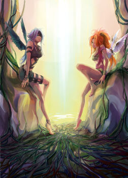 2girls \||/ angel angel_wings anklet armlet bad_id bad_pixiv_id barefoot belt black_wings blue_eyes blue_hair blurry boulder bracelet crop_top crossed_legs fantasy green_eyes guards hair_over_one_eye jewelry knee_up light long_hair looking_at_viewer lots_of_jewelry multiple_girls on_rock orange_hair original outstretched_leg plant pond ponytail rock shiroton_(kazamineko) short_shorts shorts sidelocks sitting spikes strap thigh_strap vines wings ||/