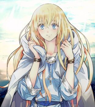 1girl blonde_hair blue_eyes castlevania_(series) castlevania_iii:_dracula's_curse cloak closed_mouth cloud collarbone cross grel_(r6hgvu5) jewelry light_rays long_hair looking_at_viewer robe smile solo sypha_belnades very_long_hair