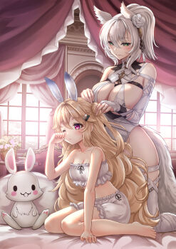 Rule 34 | 2girls, animal ears, bandeau, barefoot, bed sheet, blonde hair, bloomers, blush, breasts, bridal gauntlets, cleavage, closed mouth, commentary, echocalypse, eriri (echocalypse), flower, fox ears, fox girl, fox tail, frilled bandeau, frills, gloves, green eyes, grey hair, grey tail, hair between eyes, hair bun, hair flower, hair ornament, hand on another's head, hand on own cheek, hand on own face, highres, indoors, kneeling, kome (okome-smile), large breasts, legs, leotard, long hair, looking at another, looking away, medium hair, mole, mole on breast, mole under mouth, multiple girls, on bed, one eye closed, one side up, pillow, ponytail, rabbit ears, rabbit girl, curtains, red eyes, sidelocks, single hair bun, sitting, small breasts, smile, snezhana (echocalypse), stuffed animal, stuffed rabbit, stuffed toy, tail, thighhighs, toes, underwear, very long hair, wariza, white bandeau, white bloomers, white flower, white gloves, white leotard, white thighhighs, window