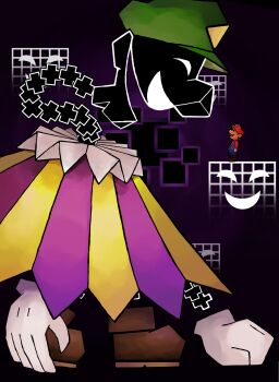 2boys big_nose boots castle clown clown_boy dimentio evil_grin evil_smile facial_hair floating green_headwear grin hat highres jester jester_boy mario mario_(series) multiple_boys mustache nintendo open_mouth paper_mario purple_background red_headwear smile super_dimentio super_paper_mario t8o8b