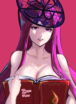 Rule 34 | 1girl, absurdres, bare shoulders, boobs in book (meme), book, breasts, cleavage, fascinator, fire emblem, fire emblem engage, highres, holding, holding book, ivy (fire emblem), kaen (yoltablaze), large breasts, long hair, looking at viewer, meme, mole, mole under mouth, nintendo, purple eyes, purple hair, solo, very long hair