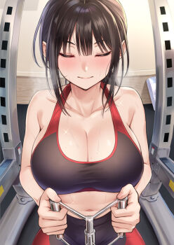 1girl black_hair blush breasts breath cleavage closed_eyes closed_mouth collarbone commentary_request distortion exercising gym hand_grip highres indoors kanden_sky large_breasts messy_hair navel original sidelocks sparkling_sweat sports_bra stomach sweat upper_body wall workout_clothes