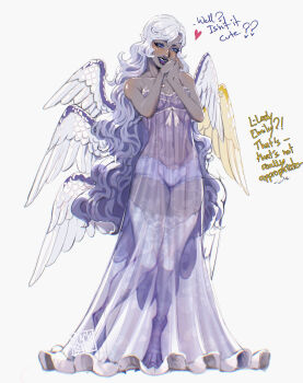 Rule 34 | absurdres, angel, angel wings, black lips, blackberreh-art, colored skin, commentary, emily (hazbin hotel), english commentary, freckles, french kiss, full body, grey skin, hazbin hotel, heart, heart in mouth, hellaverse, highres, kiss, multiple wings, nightgown, own hands clasped, own hands together, panties, see-through clothes, see-through nightgown, simple background, talons, underwear, wavy hair, wings