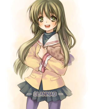 Rule 34 | 1girl, black skirt, clannad, copyright name, green eyes, green hair, hair between eyes, hikarizaka private high school uniform, holding, holding star, ibuki fuuko, light blush, long hair, long sleeves, looking at viewer, miniskirt, open mouth, pantyhose, purple pantyhose, sailor collar, school uniform, shirt, sidelocks, simple background, skirt, smile, solo, star (symbol), starfish, teeth, white background, white sailor collar, yellow shirt, yuuryuu nagare