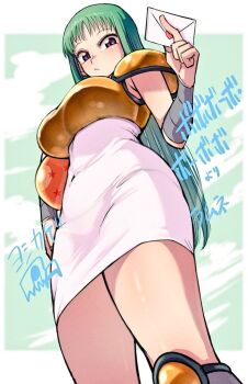 1girl armor bobobo-bo_bo-bobo bracer breastplate breasts dragon_ball_(object) dress envelope eyelashes from_below green_hair holding holding_dragon_ball holding_envelope knee_armor large_breasts long_hair looking_at_viewer looking_down purple_eyes ramune_(bobobo-bo_bo-bobo) shoulder_armor signature solo straight_hair tareme tight_clothes tight_dress white_dress yoshikage_(yo4kage)
