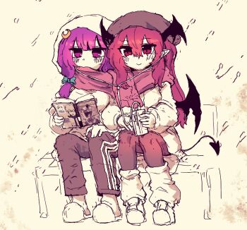 Rule 34 | 2girls, :>, black pants, blush, book, chainsaw man, closed mouth, crescent, crescent hair ornament, demon tail, demon wings, hair ornament, head wings, headphones, highres, holding, holding book, koakuma, long hair, multiple girls, multiple wings, pants, patchouli knowledge, pointy ears, purple eyes, purple hair, rampa93, red eyes, red hair, sidelocks, sitting, smile, socks, tail, touhou, white socks, wings