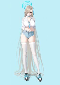 1girl absurdly_long_hair absurdres aqua_background aqua_halo arms_behind_back asuna_(blue_archive) black_choker blue_archive blue_eyes blue_halo blue_ribbon blue_shorts blush breasts brown_hair button_gap choker cleavage collarbone collared_shirt denim denim_shorts full_body hair_ornament hair_over_one_eye hair_ribbon hair_spread_out halo highres large_breasts long_hair looking_at_viewer navel one_eye_covered ribbon shirt shoes short_shorts shorts simple_background smile sneakers solar_(happymonk) solo standing stomach thighhighs thighs very_long_hair white_shirt white_thighhighs