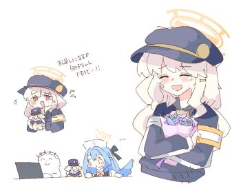 Rule 34 | 1boy, 2girls, :d, ^ ^, aoba (blue archive), armband, black hat, blue archive, blue hair, blush, bouquet, brown hair, character request, closed eyes, commentary request, crying, doodle sensei (blue archive), flower, halo, hat, holding, holding bouquet, holding flower, long hair, low wings, mine (blue archive), multiple girls, multiple views, nagatsuki kei (nagatsuki22), newsboy cap, nurse cap, open mouth, sensei (blue archive), smile, translation request, white background, wings, yellow armband, yellow halo