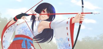 Rule 34 | 1girl, archery, armpits, arrow (projectile), black gloves, black hair, blue sky, bow (weapon), closed mouth, commentary, cowboy shot, day, detached sleeves, english commentary, floral print, glint, gloves, hakama, hakama skirt, highres, holding, holding bow (weapon), holding weapon, japanese clothes, kimono, kyuudou, long hair, miko, original, outdoors, partially fingerless gloves, partly fingerless gloves, print kimono, red eyes, red hakama, single glove, skirt, sky, solo, sthreep, tongue, tongue out, weapon, white kimono, wide sleeves, yugake