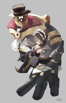 Rule 34 | 1girl, absurdres, ascot, bare shoulders, blue eyes, breasts, brown hair, detached sleeves, dress, frilled hairband, frills, genshin impact, grey background, hairband, hat, headdress, high heels, highres, long hair, looking at viewer, pulonia (genshin impact), robot, sandrone (genshin impact), signature, simple background, sitting, winding key, zeroartwo