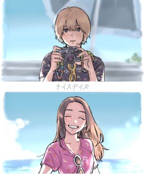 2girls baby_walkure black_eyes black_shirt blonde_hair blurry blurry_background blush camera closed_eyes closed_mouth commentary_request copyright_name fukagawa_mahiro holding holding_camera multiple_girls neppatsu_(swdha3006) open_mouth parasol pink_shirt shirt short_hair short_sleeves sugimoto_chisato sunglasses umbrella unworn_eyewear