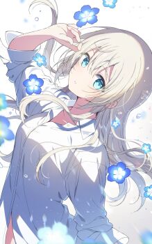 1girl absurdres arm_up blue_eyes blue_flower breasts dress_shirt flower gradient_eyes green_eyes hair_between_eyes highres leaning_back long_hair long_sleeves looking_at_viewer medium_breasts mochigome_(ununquadium) multicolored_eyes nemophila_(flower) original shirt simple_background solo upper_body white_background white_hair white_shirt