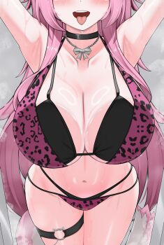 1girl absurdres animal_print armpits bra breasts cat_tail choker cleavage collarbone eyes_out_of_frame head_out_of_frame highres hololive hololive_english large_breasts leopard_print long_hair midriff navel nobarts pink_hair raora_panthera solo steam steaming_body sweat tail thigh_strap tongue tongue_out underwear virtual_youtuber