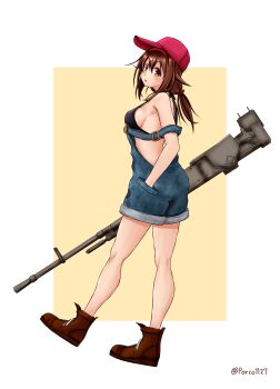 1girl :o alternate_costume bare_shoulders black_bra boots bra breasts brown_boots brown_eyes brown_hair female_focus from_side full_body hair_between_eyes hair_flaps hairband hands_in_pockets highres holding_machine kantai_collection looking_at_viewer low_ponytail machine medium_breasts overalls ponytail porco1127 red_hairband shiratsuyu_(kancolle) sideboob simple_background solo standing twitter_username underwear