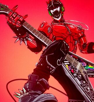 Rule 34 | 1boy, abs, black boots, black pants, boots, bracelet, chain, commentary, english commentary, gradient background, guitar, holding, holding guitar, holding instrument, humanoid robot, instrument, jewelry, male focus, necklace, open mouth, original, pants, pectorals, reddokkaebe, robot, sharp teeth, spiked bracelet, spikes, teeth, topless male