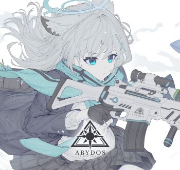 1girl absurdres abydos_high_school_logo animal_ear_fluff animal_ears aqua_scarf assault_rifle bag black_skirt blue_archive blue_eyes blue_halo blue_jacket blue_scarf closed_mouth commentary cross cross_hair_ornament dress_shirt english_text extra_ears fingerless_gloves gloves grey_hair gun hair_ornament halo hashtag-only_commentary highres holding holding_gun holding_weapon inverted_cross jacket jaeb_(kkrt0302) medium_hair mismatched_pupils plaid_clothes plaid_skirt rifle scarf school_bag scope shiroko_(blue_archive) shirt sig_sauer_556 simple_background skirt smoke solo weapon white_background white_shirt wolf_ears wolf_girl