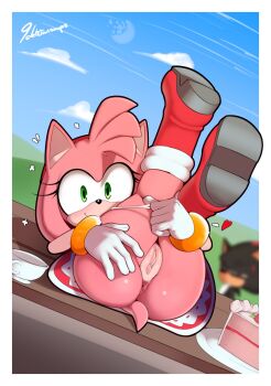 1boy 1girl amy_rose anus ass body_blush boots bottomless cake cake_slice clitoris colored_skin cup delicious_soup fat_mons food furry furry_female gloves green_eyes highres looking_at_viewer outdoors panties panty_pull pink_hair pussy sega shadow_the_hedgehog shiny_skin smile sonic_(series) sonic_(series) table tail teacup thick_thighs thighs uncensored underwear