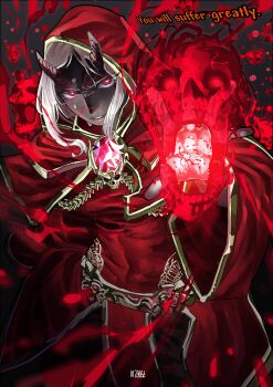 1girl absurdres arnanra artist_name black_background bright_pupils calamitas calamity_(terraria_mod) commentary covered_abs cowboy_shot dark-skinned_female dark_skin english_commentary english_text facial_mark furrowed_brow gem glowing glowing_eyes gold_trim hashtag-only_commentary highres hood hood_up horns long_sleeves looking_at_viewer magic medium_hair parted_bangs parted_lips pelvic_curtain reaching reaching_towards_viewer red_eyes red_gemstone red_hood red_robe robe serious shirt sidelocks signature skull solo sweat terraria white_hair white_mouth white_pupils white_shirt wide_sleeves