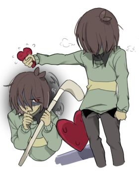 1other animification antenna_hair black_pants brown_hair clenched_hand colored_skin commentary_request cowboy_shot deltarune empty_eyes flying_sweatdrops green_sweater hair_between_eyes hand_up hands_up heart holding holding_lead_pipe korean_commentary kris_(deltarune) lead_pipe long_sleeves looking_up multiple_views other_focus pants puffy_long_sleeves puffy_sleeves red_eyes short_hair simple_background single_stripe soul_(deltarune) standing striped_clothes striped_sweater sweat sweater teeth upper_body utdr_(toby_fox) v-shaped_eyebrows white_background yellow_skin yx_won2