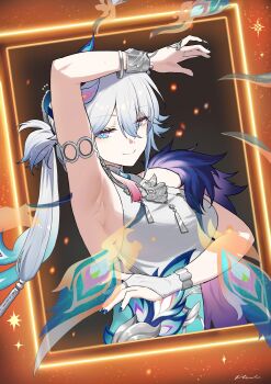 1girl absurdres armpits blue_eyes breasts commentary dress hair_between_eyes highres honkai:_star_rail honkai_(series) large_breasts long_hair looking_at_viewer mush_(mushlicious) picture_frame smile solo very_long_hair white_dress white_hair wrist_cuffs yao_guang_(honkai:_star_rail)