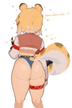 1girl alternate_hair_length alternate_hairstyle animal_ears ass blonde_hair blue_shorts cellphone cropped_jacket english_text facing_away feet_out_of_frame from_behind heart highres holding holding_phone ju_fufu kyojiri_loli loli long_sleeves micro_shorts naxius_noxy phone short_hair shorts simple_background smartphone solo tail thick_thighs thigh_strap thighs tiger_ears tiger_girl tiger_tail white_background zenless_zone_zero