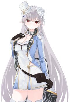 1girl absurdres black_gloves blue_jacket breasts character_request cleavage closed_mouth commentary commission dress earrings flower gloves grey_hair hair_flower hair_ornament hand_up hat highres jacket jewelry lisu long_hair long_sleeves looking_at_viewer medium_breasts mini_hat mini_top_hat phantasy_star phantasy_star_online_2 pixiv_commission pointy_ears red_eyes solo tilted_headwear top_hat very_long_hair white_background white_dress white_flower white_hat